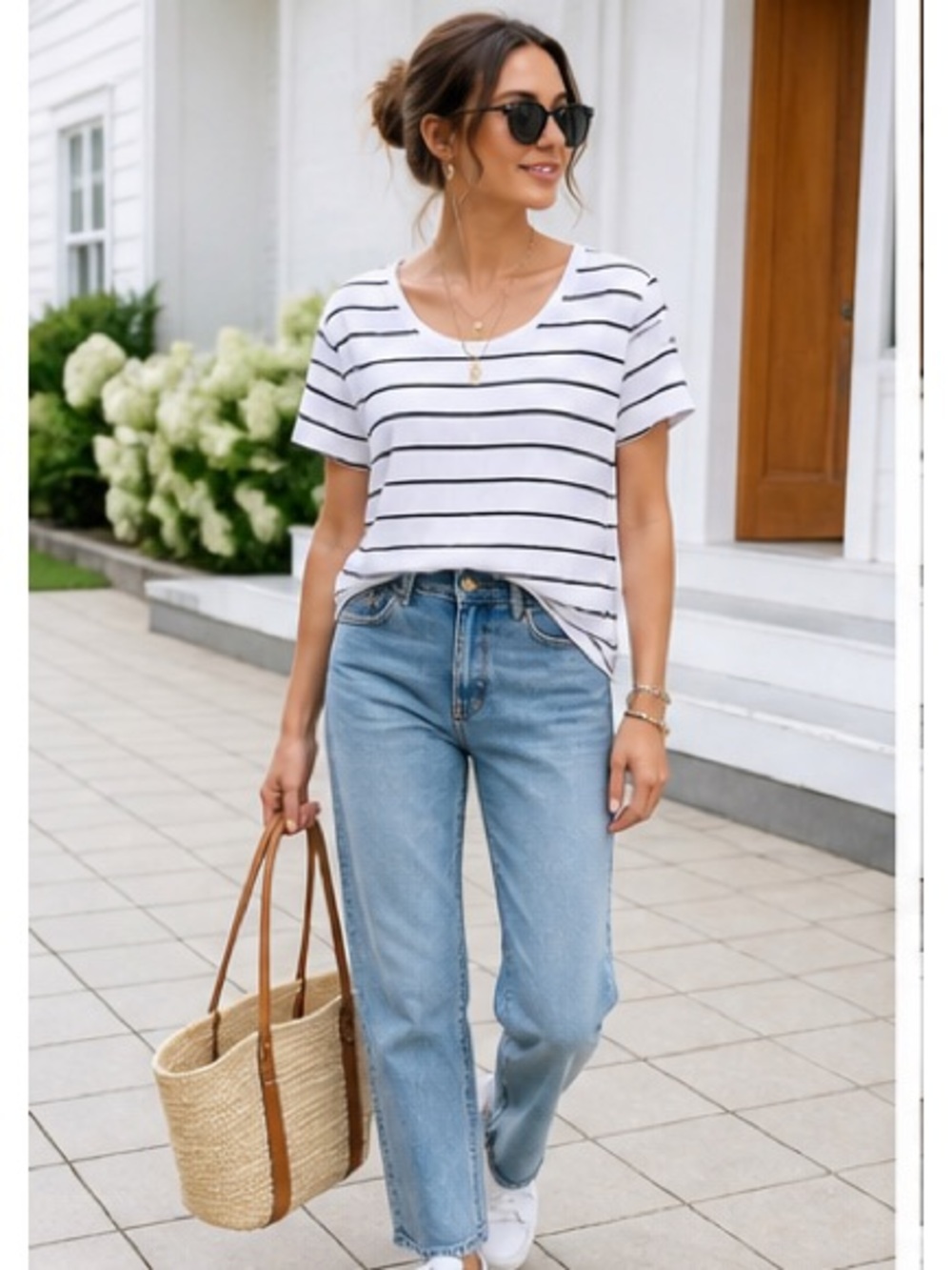 Quince White Tee with Navy Stripes - Short Sleeve